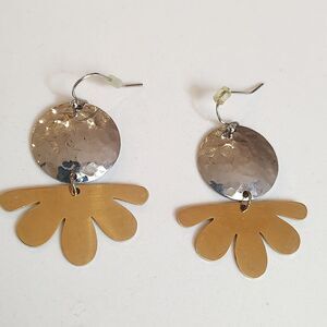 Hammered Silver Disc with Gold Daisy Petal Dangles French Wire Pierced Earrings